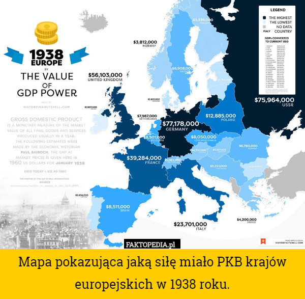 Mapa pokazująca jaką siłę miało PKB krajów europejskich w 1938 roku. 
