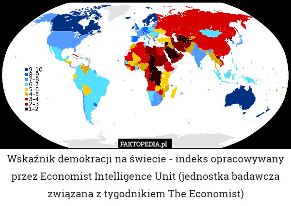 Wskaźnik demokracji na świecie - indeks opracowywany przez Economist Intelligence Unit (jednostka badawcza związana z tygodnikiem The Economist) 