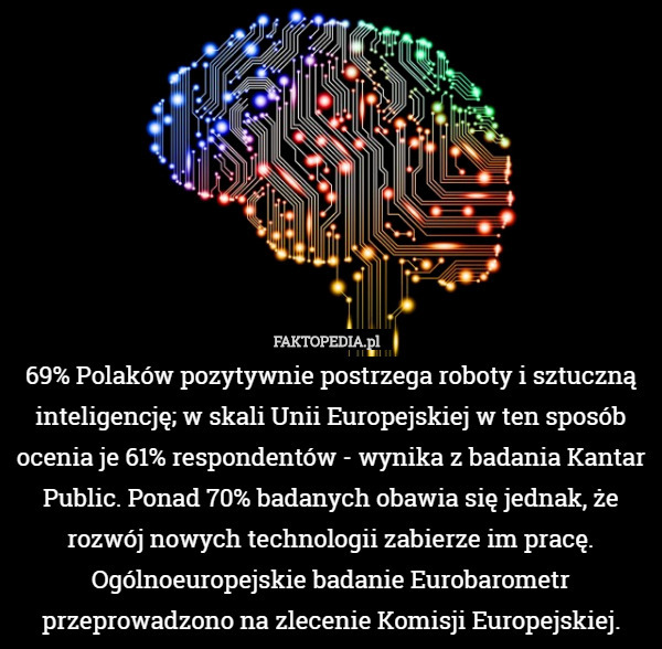 69% Polaków pozytywnie postrzega roboty i sztuczną inteligencję; w skali Unii Europejskiej w ten sposób ocenia je 61% respondentów - wynika z badania Kantar Public. Ponad 70% badanych obawia się jednak, że rozwój nowych technologii zabierze im pracę. Ogólnoeuropejskie badanie Eurobarometr przeprowadzono na zlecenie Komisji Europejskiej. 