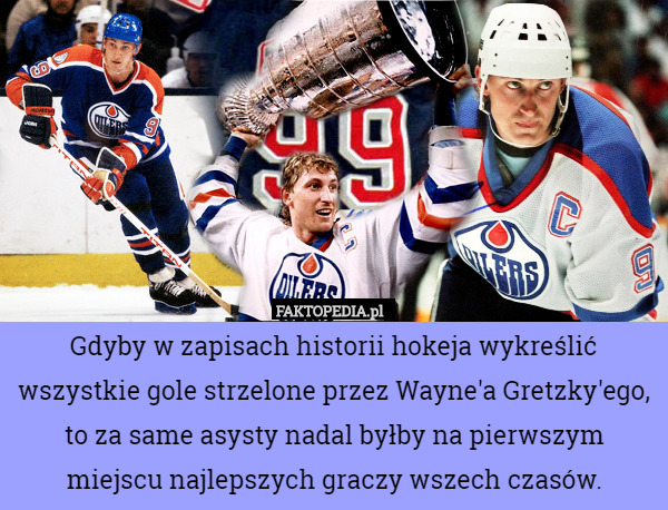 Gdyby w zapisach historii hokeja wykreślić wszystkie gole strzelone przez Wayne'a Gretzky'ego, to za same asysty nadal byłby na pierwszym miejscu najlepszych graczy wszech czasów. 