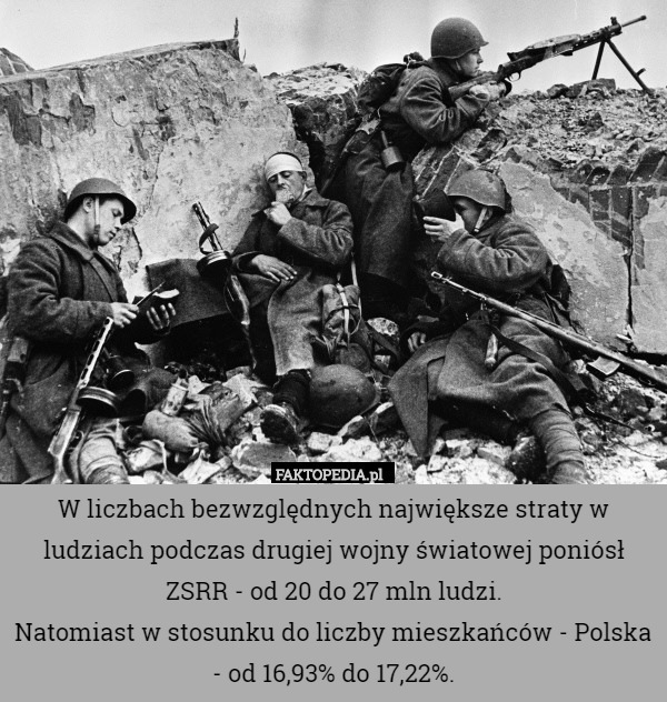W liczbach bezwzględnych największe straty w ludziach podczas drugiej wojny światowej poniósł ZSRR - od 20 do 27 mln ludzi.
Natomiast w stosunku do liczby mieszkańców - Polska - od 16,93% do 17,22%. 