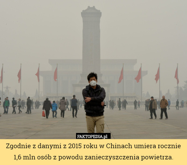 Zgodnie z danymi z 2015 roku w Chinach umiera rocznie 1,6 mln osób z powodu zanieczyszczenia powietrza. 