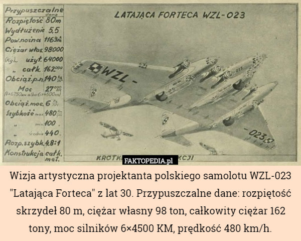 Wizja artystyczna projektanta polskiego samolotu WZL-023 "Latająca Forteca" z lat 30. Przypuszczalne dane: rozpiętość skrzydeł 80 m, ciężar własny 98 ton, całkowity ciężar 162 tony, moc silników 6×4500 KM, prędkość 480 km/h. 