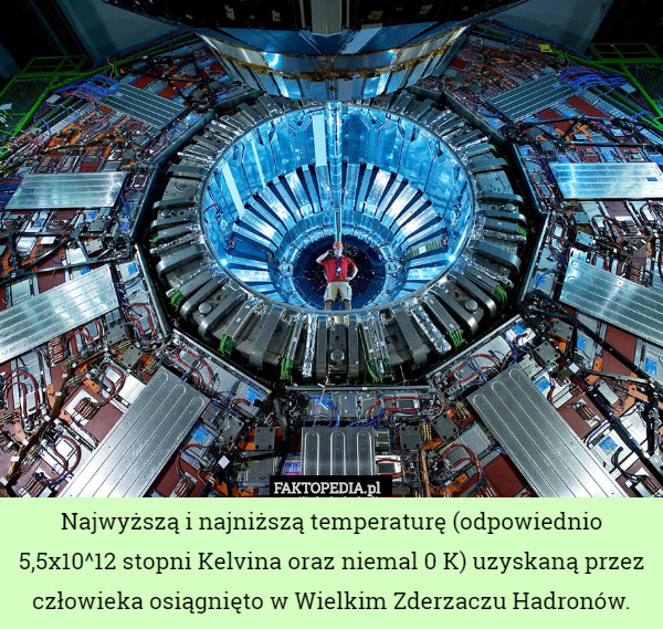 Najwyższą i najniższą temperaturę (odpowiednio 5,5x10^12 stopni Kelvina oraz niemal 0 K) uzyskaną przez człowieka osiągnięto w Wielkim Zderzaczu Hadronów. 