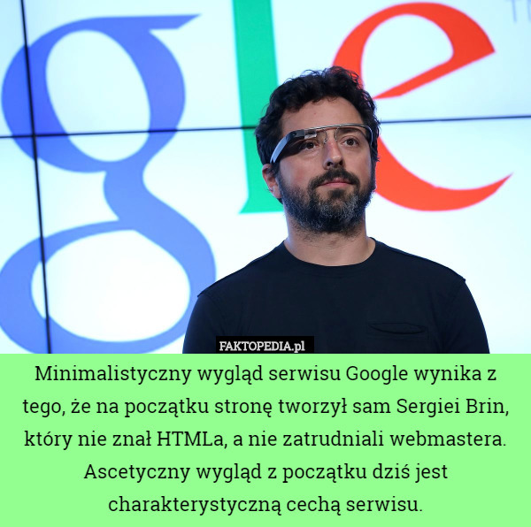 Minimalistyczny wygląd serwisu Google wynika z tego, że na początku stronę tworzył sam Sergiei Brin, który nie znał HTMLa, a nie zatrudniali webmastera. Ascetyczny wygląd z początku dziś jest charakterystyczną cechą serwisu. 