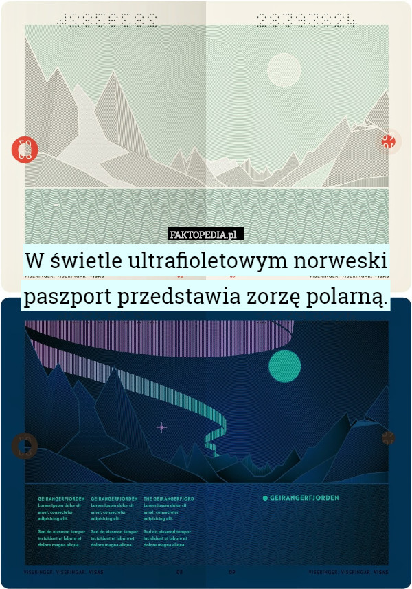 W świetle ultrafioletowym norweski paszport przedstawia zorzę polarną. 