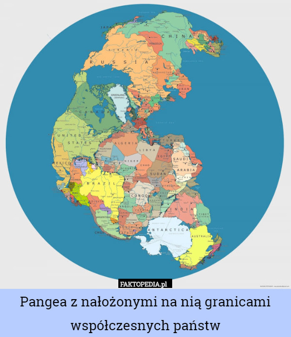 Pangea z nałożonymi na nią granicami współczesnych państw 