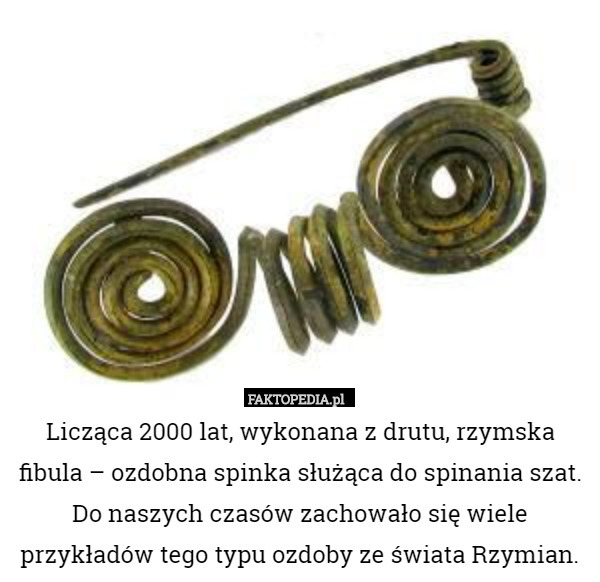 Licząca 2000 lat, wykonana z drutu, rzymska fibula – ozdobna spinka służąca do spinania szat. Do naszych czasów zachowało się wiele przykładów tego typu ozdoby ze świata Rzymian. 