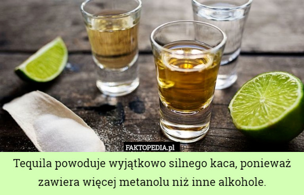 Tequila powoduje wyjątkowo silnego kaca, ponieważ zawiera więcej metanolu niż inne alkohole. 