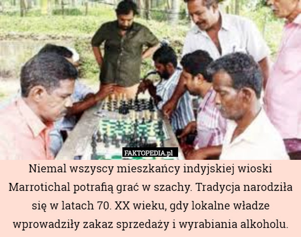 Niemal wszyscy mieszkańcy indyjskiej wioski Marrotichal potrafią grać w szachy. Tradycja narodziła się w latach 70. XX wieku, gdy lokalne władze wprowadziły zakaz sprzedaży i wyrabiania alkoholu. 
