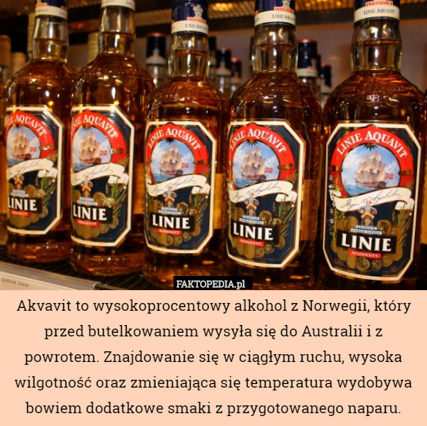 Akvavit to wysokoprocentowy alkohol z Norwegii, który przed butelkowaniem wysyła się do Australii i z powrotem. Znajdowanie się w ciągłym ruchu, wysoka wilgotność oraz zmieniająca się temperatura wydobywa bowiem dodatkowe smaki z przygotowanego naparu. 