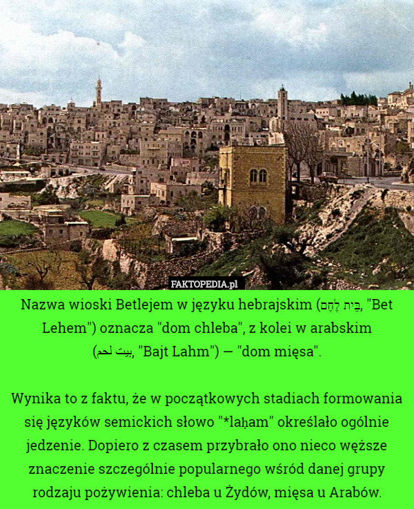 Nazwa wioski Betlejem w języku hebrajskim (בֵּית לֶחֶם, "Bet Lehem") oznacza "dom chleba", z kolei w arabskim
(بيت لحم‎, "Bajt Lahm") — "dom mięsa".

Wynika to z faktu, że w początkowych stadiach formowania się języków semickich słowo "*laḥam" określało ogólnie jedzenie. Dopiero z czasem przybrało ono nieco węższe znaczenie szczególnie popularnego wśród danej grupy rodzaju pożywienia: chleba u Żydów, mięsa u Arabów. 