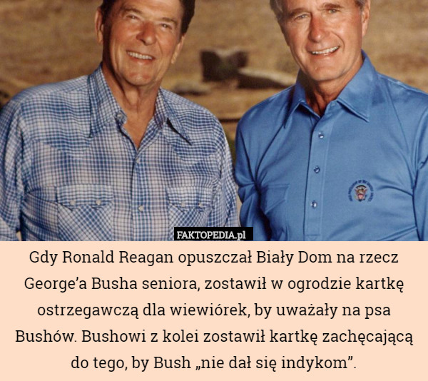Gdy Ronald Reagan opuszczał Biały Dom na rzecz George’a Busha seniora, zostawił w ogrodzie kartkę ostrzegawczą dla wiewiórek, by uważały na psa Bushów. Bushowi z kolei zostawił kartkę zachęcającą do tego, by Bush „nie dał się indykom”. 