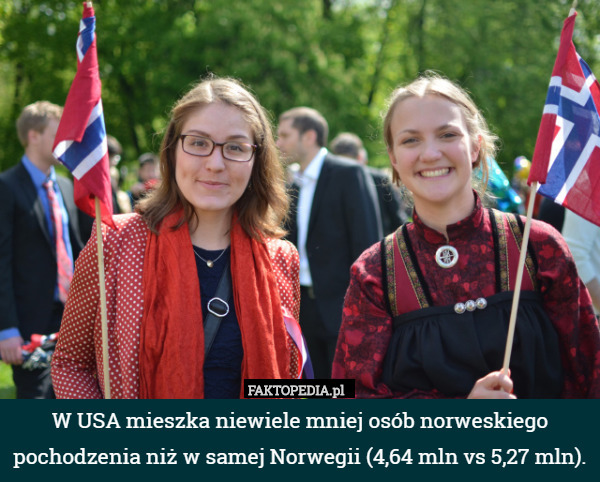 W USA mieszka niewiele mniej osób norweskiego pochodzenia niż w samej Norwegii (4,64 mln vs 5,27 mln). 