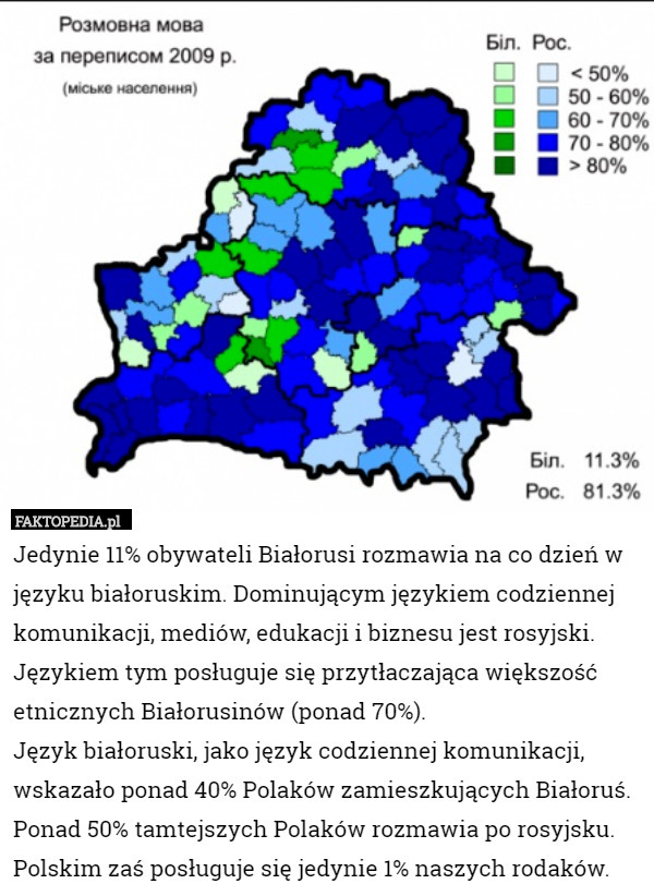 Jedynie 11% obywateli Białorusi rozmawia na co dzień w języku białoruskim. Dominującym językiem codziennej komunikacji, mediów, edukacji i biznesu jest rosyjski. Językiem tym posługuje się przytłaczająca większość etnicznych Białorusinów (ponad 70%).  
Język białoruski, jako język codziennej komunikacji, wskazało ponad 40% Polaków zamieszkujących Białoruś. Ponad 50% tamtejszych Polaków rozmawia po rosyjsku. Polskim zaś posługuje się jedynie 1% naszych rodaków. 