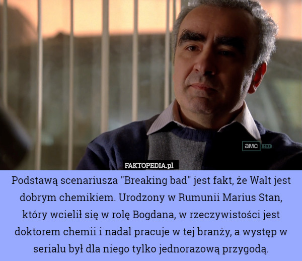 Podstawą scenariusza "Breaking bad" jest fakt, że Walt jest dobrym chemikiem. Urodzony w Rumunii Marius Stan, który wcielił się w rolę Bogdana, w rzeczywistości jest doktorem chemii i nadal pracuje w tej branży, a występ w serialu był dla niego tylko jednorazową przygodą. 