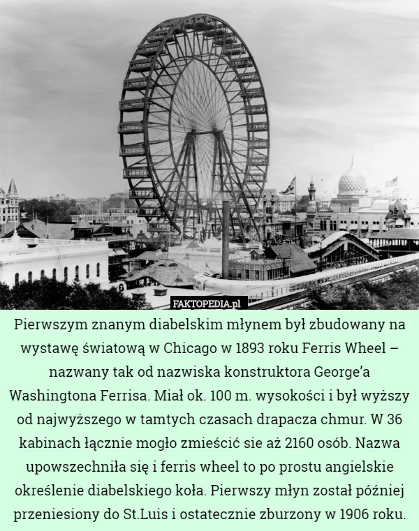 Pierwszym znanym diabelskim młynem był zbudowany na wystawę światową w Chicago w 1893 roku Ferris Wheel – nazwany tak od nazwiska konstruktora George’a Washingtona Ferrisa. Miał ok. 100 m. wysokości i był wyższy od najwyższego w tamtych czasach drapacza chmur. W 36 kabinach łącznie mogło zmieścić sie aż 2160 osób. Nazwa upowszechniła się i ferris wheel to po prostu angielskie określenie diabelskiego koła. Pierwszy młyn został później przeniesiony do St.Luis i ostatecznie zburzony w 1906 roku. 