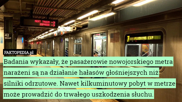 Badania wykazały, że pasażerowie nowojorskiego metra narażeni są na działanie hałasów głośniejszych niż silniki odrzutowe. Nawet kilkuminutowy pobyt w metrze może prowadzić do trwałego uszkodzenia słuchu. 