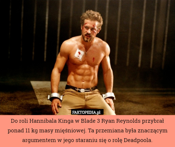 Do roli Hannibala Kinga w Blade 3 Ryan Reynolds przybrał ponad 11 kg masy mięśniowej. Ta przemiana była znaczącym argumentem w jego staraniu się o rolę Deadpoola. 