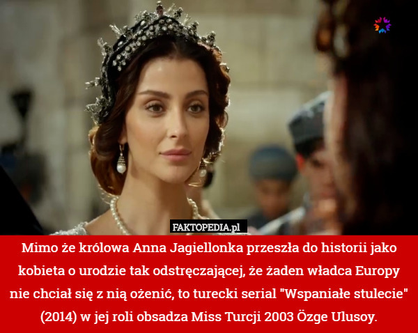 Mimo że królowa Anna Jagiellonka przeszła do historii jako kobieta o urodzie tak odstręczającej, że żaden władca Europy nie chciał się z nią ożenić, to turecki serial "Wspaniałe stulecie" (2014) w jej roli obsadza Miss Turcji 2003 Özge Ulusoy. 