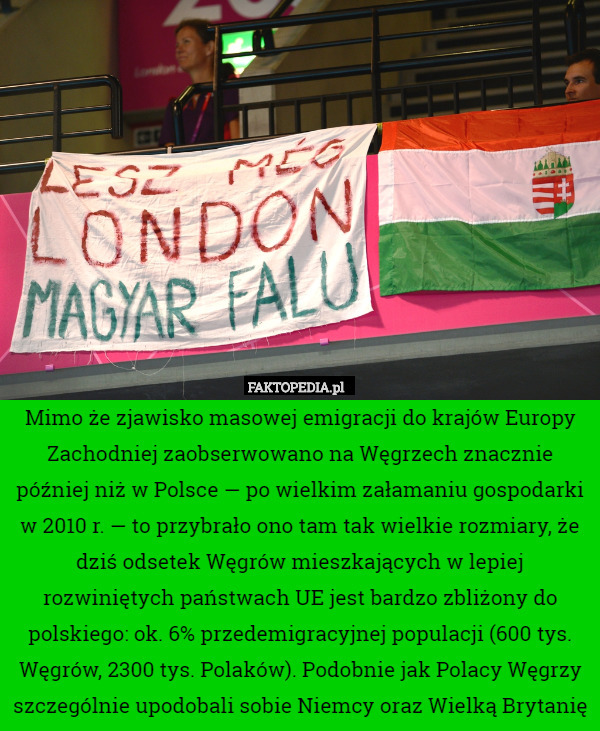 Mimo że zjawisko masowej emigracji do krajów Europy Zachodniej zaobserwowano na Węgrzech znacznie później niż w Polsce — po wielkim załamaniu gospodarki w 2010 r. — to przybrało ono tam tak wielkie rozmiary, że dziś odsetek Węgrów mieszkających w lepiej rozwiniętych państwach UE jest bardzo zbliżony do polskiego: ok. 6% przedemigracyjnej populacji (600 tys. Węgrów, 2300 tys. Polaków). Podobnie jak Polacy Węgrzy szczególnie upodobali sobie Niemcy oraz Wielką Brytanię 
