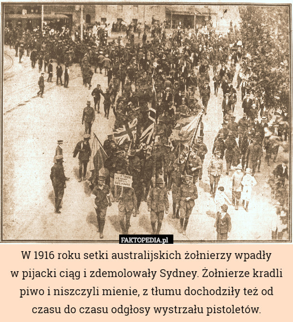 W 1916 roku setki australijskich żołnierzy wpadły
w pijacki ciąg i zdemolowały Sydney. Żołnierze kradli piwo i niszczyli mienie, z tłumu dochodziły też od czasu do czasu odgłosy wystrzału pistoletów. 