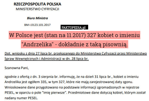 W Polsce jest (stan na 11.2017) 327 kobiet o imieniu "Andrzelika" - dokładnie z taką pisownią. 