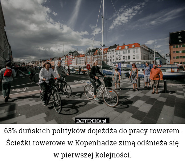 63% duńskich polityków dojeżdża do pracy rowerem. Ścieżki rowerowe w Kopenhadze zimą odśnieża się w pierwszej kolejności. 