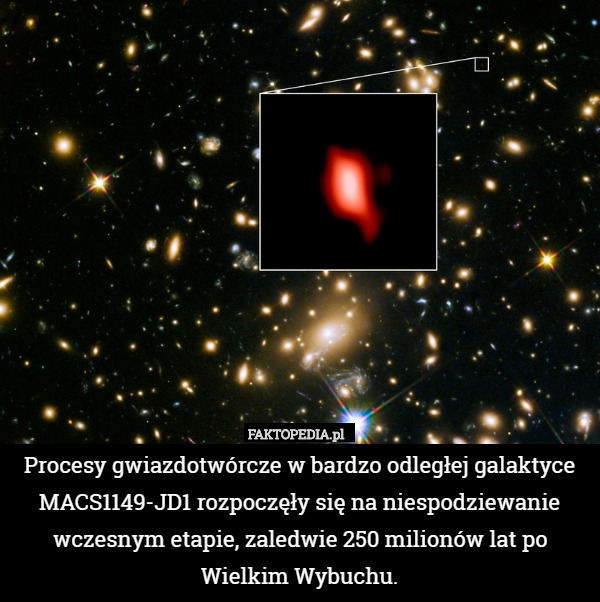 Procesy gwiazdotwórcze w bardzo odległej galaktyce MACS1149-JD1 rozpoczęły się na niespodziewanie wczesnym etapie, zaledwie 250 milionów lat po Wielkim Wybuchu. 