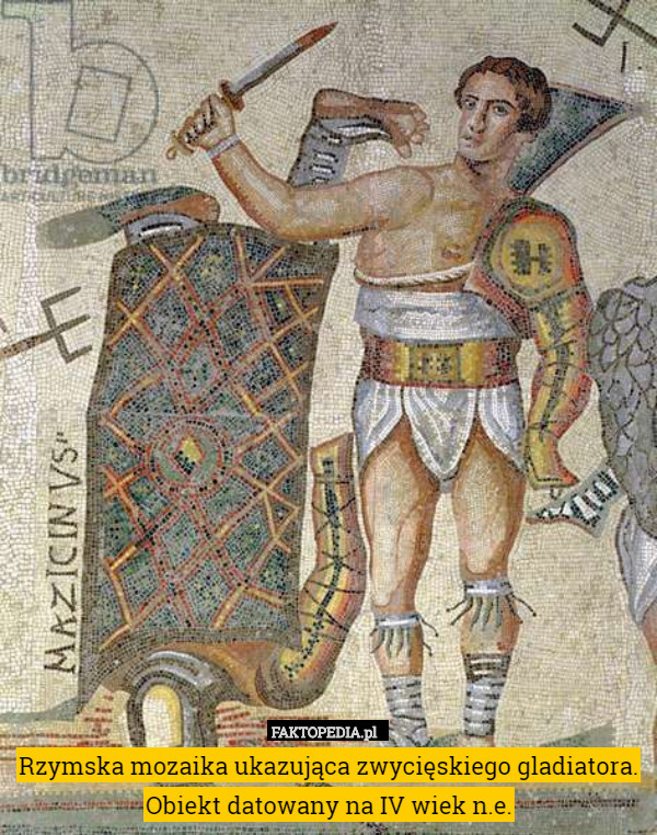 Rzymska mozaika ukazująca zwycięskiego gladiatora. Obiekt datowany na IV wiek n.e. 