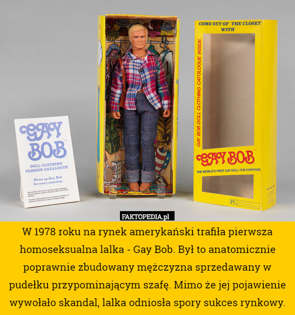W 1978 roku na rynek amerykański trafiła pierwsza homoseksualna lalka - Gay Bob. Był to anatomicznie poprawnie zbudowany mężczyzna sprzedawany w pudełku przypominającym szafę. Mimo że jej pojawienie wywołało skandal, lalka odniosła spory sukces rynkowy. 