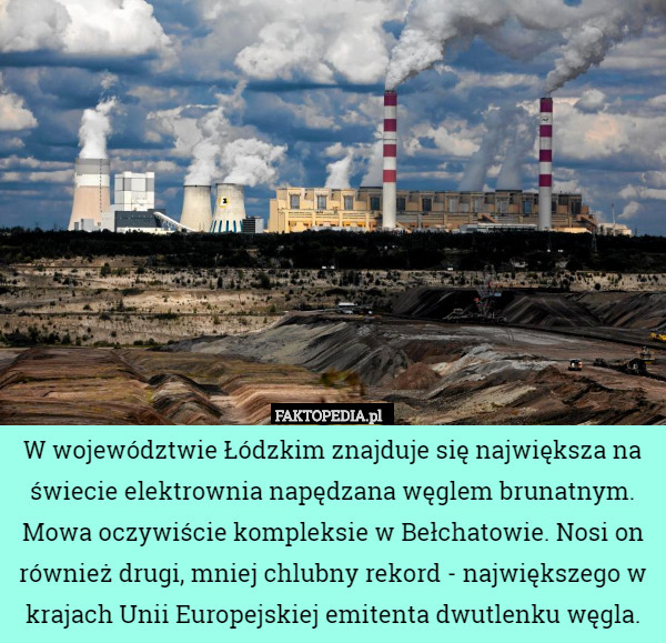 W województwie Łódzkim znajduje się największa na świecie elektrownia napędzana węglem brunatnym. Mowa oczywiście kompleksie w Bełchatowie. Nosi on również drugi, mniej chlubny rekord - największego w krajach Unii Europejskiej emitenta dwutlenku węgla. 