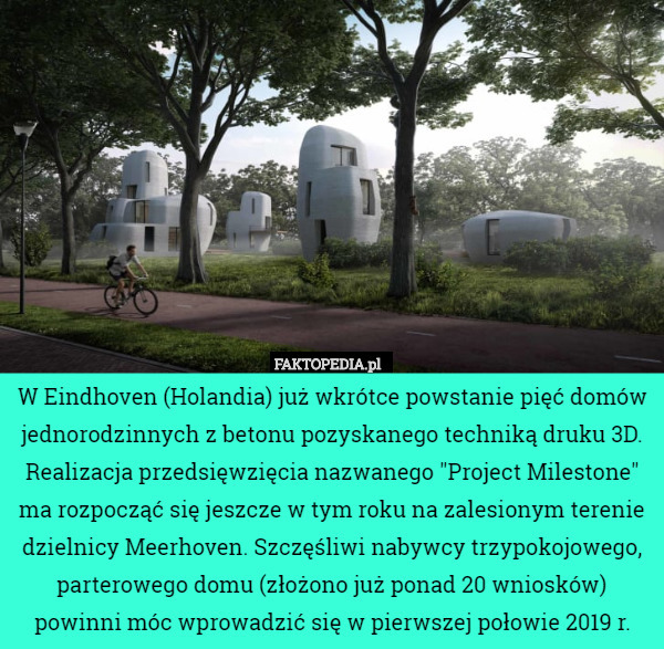 W Eindhoven (Holandia) już wkrótce powstanie pięć domów jednorodzinnych z betonu pozyskanego techniką druku 3D. Realizacja przedsięwzięcia nazwanego "Project Milestone" ma rozpocząć się jeszcze w tym roku na zalesionym terenie dzielnicy Meerhoven. Szczęśliwi nabywcy trzypokojowego, parterowego domu (złożono już ponad 20 wniosków) powinni móc wprowadzić się w pierwszej połowie 2019 r. 