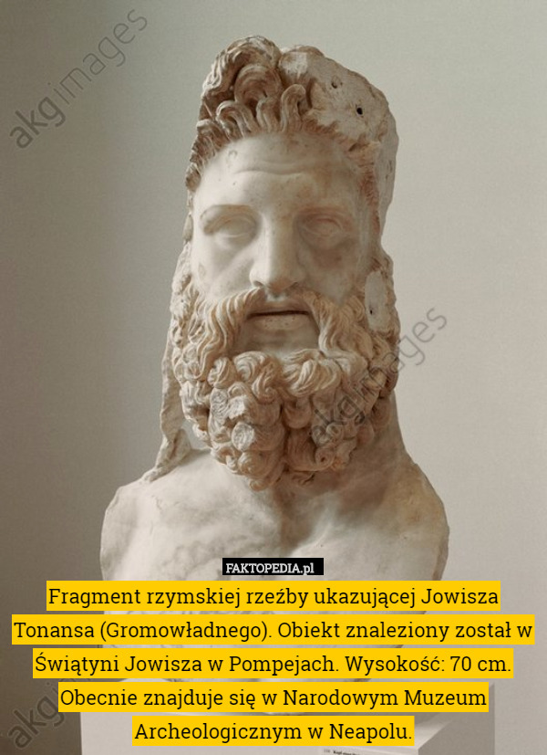 Fragment rzymskiej rzeźby ukazującej Jowisza Tonansa (Gromowładnego). Obiekt znaleziony został w Świątyni Jowisza w Pompejach. Wysokość: 70 cm. Obecnie znajduje się w Narodowym Muzeum Archeologicznym w Neapolu. 