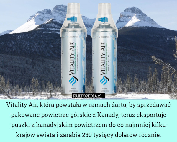 Vitality Air, która powstała w ramach żartu, by sprzedawać pakowane powietrze górskie z Kanady, teraz eksportuje puszki z kanadyjskim powietrzem do co najmniej kilku krajów świata i zarabia 230 tysięcy dolarów rocznie. 