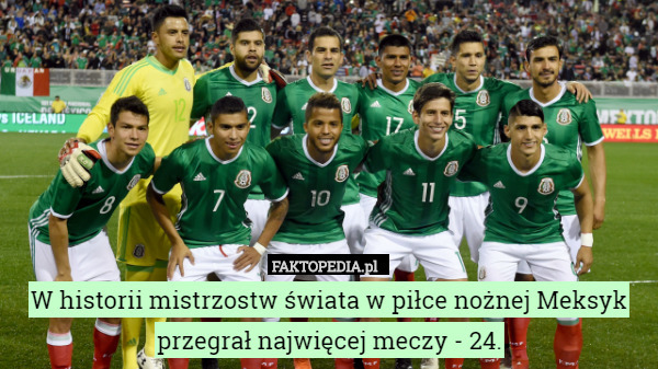 W historii mistrzostw świata w piłce nożnej Meksyk przegrał najwięcej meczy - 24. 
