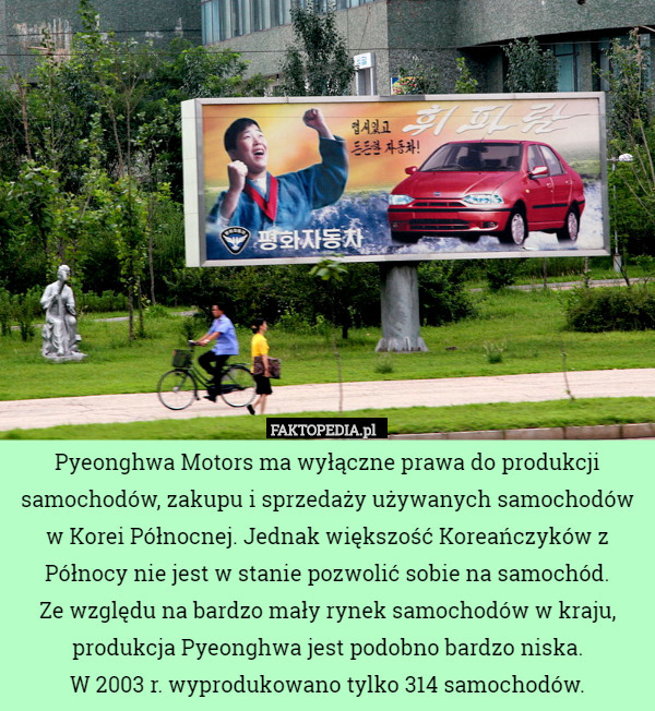 Pyeonghwa Motors ma wyłączne prawa do produkcji samochodów, zakupu i sprzedaży używanych samochodów w Korei Północnej. Jednak większość Koreańczyków z Północy nie jest w stanie pozwolić sobie na samochód.
 Ze względu na bardzo mały rynek samochodów w kraju, produkcja Pyeonghwa jest podobno bardzo niska.
 W 2003 r. wyprodukowano tylko 314 samochodów. 
