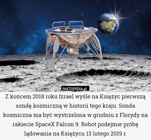 Z końcem 2018 roku Izrael wyśle na Księżyc pierwszą sondę kosmiczną w historii tego kraju. Sonda kosmiczna ma być wystrzelona w grudniu z Florydy na rakiecie SpaceX Falcon 9. Robot podejmie próbę lądowania na Księżycu 13 lutego 2019 r. 