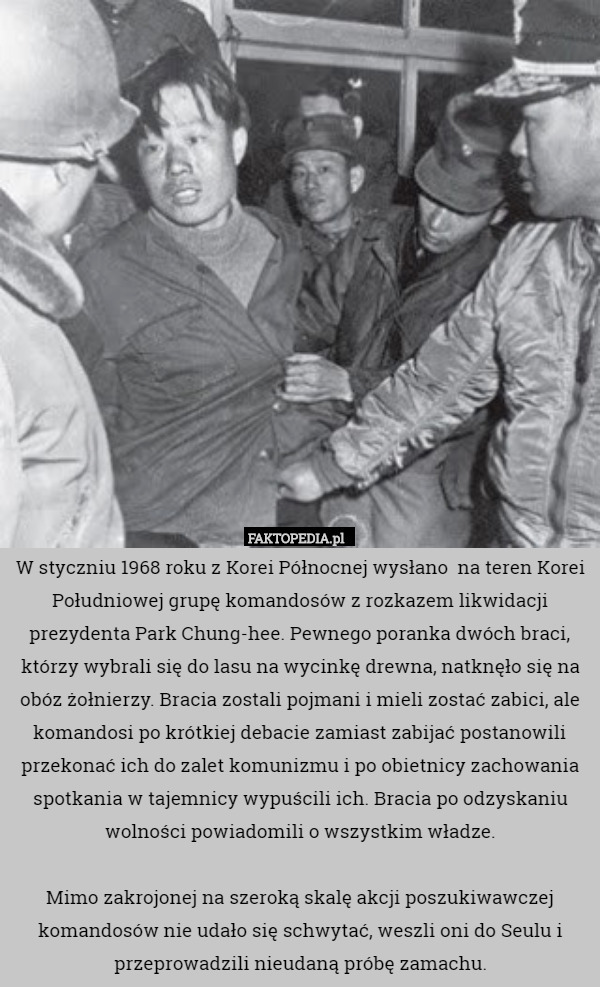 W styczniu 1968 roku z Korei Północnej wysłano  na teren Korei Południowej grupę komandosów z rozkazem likwidacji prezydenta Park Chung-hee. Pewnego poranka dwóch braci, którzy wybrali się do lasu na wycinkę drewna, natknęło się na obóz żołnierzy. Bracia zostali pojmani i mieli zostać zabici, ale komandosi po krótkiej debacie zamiast zabijać postanowili przekonać ich do zalet komunizmu i po obietnicy zachowania spotkania w tajemnicy wypuścili ich. Bracia po odzyskaniu wolności powiadomili o wszystkim władze.

Mimo zakrojonej na szeroką skalę akcji poszukiwawczej komandosów nie udało się schwytać, weszli oni do Seulu i przeprowadzili nieudaną próbę zamachu. 