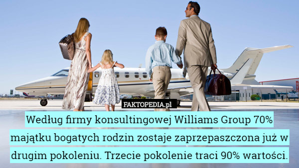 Według firmy konsultingowej Williams Group 70% majątku bogatych rodzin zostaje zaprzepaszczona już w drugim pokoleniu. Trzecie pokolenie traci 90% wartości. 