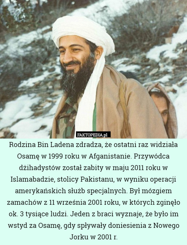 Rodzina Bin Ladena zdradza, że ostatni raz widziała Osamę w 1999 roku w Afganistanie. Przywódca dżihadystów został zabity w maju 2011 roku w Islamabadzie, stolicy Pakistanu, w wyniku operacji amerykańskich służb specjalnych. Był mózgiem zamachów z 11 września 2001 roku, w których zginęło ok. 3 tysiące ludzi. Jeden z braci wyznaje, że było im wstyd za Osamę, gdy spływały doniesienia z Nowego Jorku w 2001 r. 