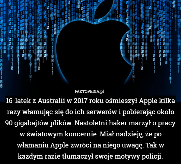 16-latek z Australii w 2017 roku ośmieszył Apple kilka razy włamując się do ich serwerów i pobierając około 90 gigabajtów plików. Nastoletni haker marzył o pracy w światowym koncernie. Miał nadzieję, że po włamaniu Apple zwróci na niego uwagę. Tak w każdym razie tłumaczył swoje motywy policji. 