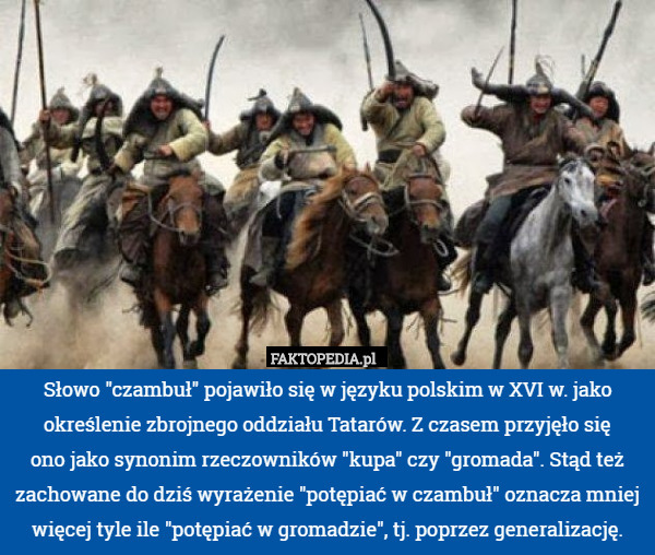 Słowo "czambuł" pojawiło się w języku polskim w XVI w. jako określenie zbrojnego oddziału Tatarów. Z czasem przyjęło się
ono jako synonim rzeczowników "kupa" czy "gromada". Stąd też zachowane do dziś wyrażenie "potępiać w czambuł" oznacza mniej więcej tyle ile "potępiać w gromadzie", tj. poprzez generalizację. 