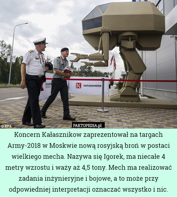 Koncern Kałasznikow zaprezentował na targach Army-2018 w Moskwie nową rosyjską broń w postaci wielkiego mecha. Nazywa się Igorek, ma niecałe 4 metry wzrostu i waży aż 4,5 tony. Mech ma realizować zadania inżynieryjne i bojowe, a to może przy odpowiedniej interpretacji oznaczać wszystko i nic. 