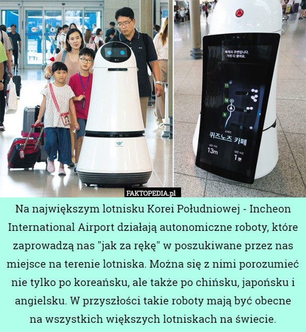 Na największym lotnisku Korei Południowej - Incheon International Airport działają autonomiczne roboty, które zaprowadzą nas "jak za rękę" w poszukiwane przez nas miejsce na terenie lotniska. Można się z nimi porozumieć nie tylko po koreańsku, ale także po chińsku, japońsku i angielsku. W przyszłości takie roboty mają być obecne
 na wszystkich większych lotniskach na świecie. 