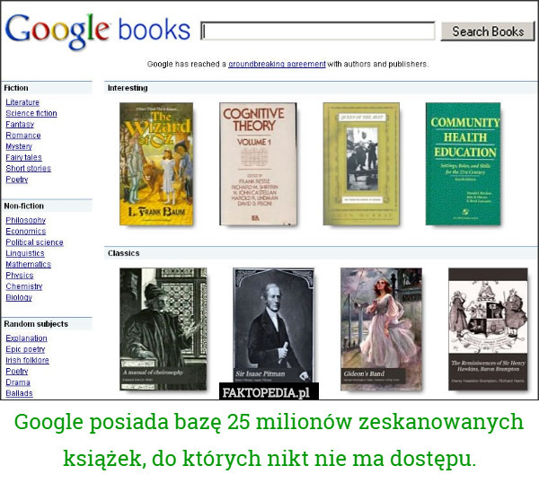 Google posiada bazę 25 milionów zeskanowanych książek, do których nikt nie ma dostępu. 
