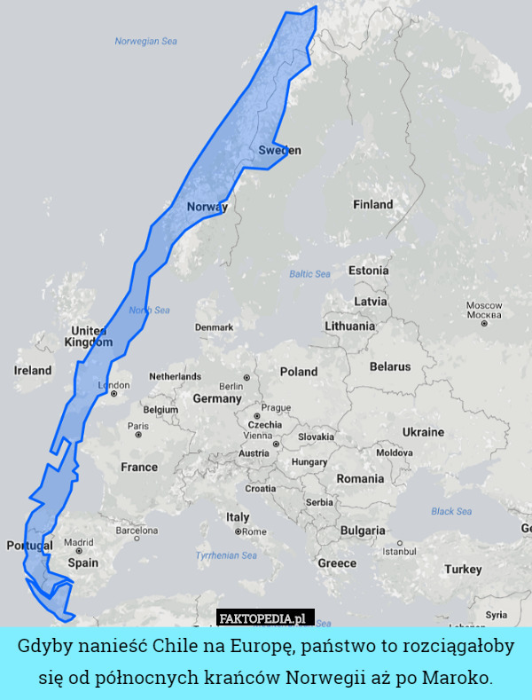 Gdyby nanieść Chile na Europę, państwo to rozciągałoby się od północnych krańców Norwegii aż po Maroko. 