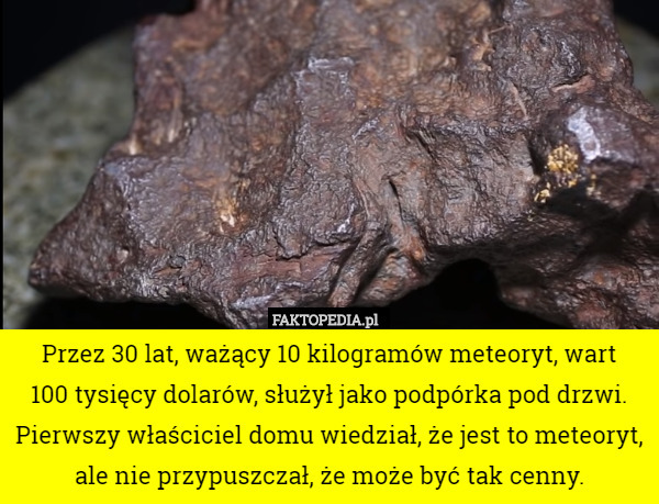 Przez 30 lat, ważący 10 kilogramów meteoryt, wart
 100 tysięcy dolarów, służył jako podpórka pod drzwi. Pierwszy właściciel domu wiedział, że jest to meteoryt, ale nie przypuszczał, że może być tak cenny. 