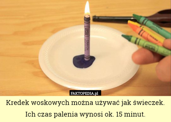 Kredek woskowych można używać jak świeczek. Ich czas palenia wynosi ok. 15 minut. 