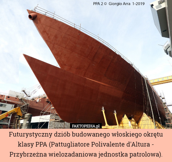Futurystyczny dziób budowanego włoskiego okrętu klasy PPA (Pattugliatore Polivalente d'Altura - Przybrzeżna wielozadaniowa jednostka patrolowa). 